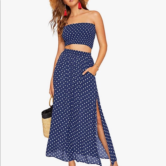 NEW 2 Piece Outfit Polka Dots Crop Top and Long Skirt Set with Pockets - Picture 3 of 6